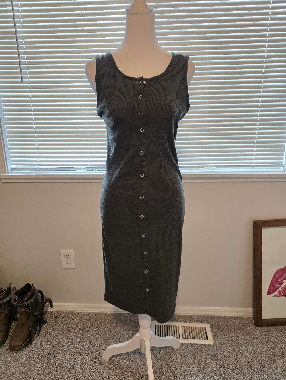 Sleeveless Button-Front Knit Bodycon Midi Dress - Olive